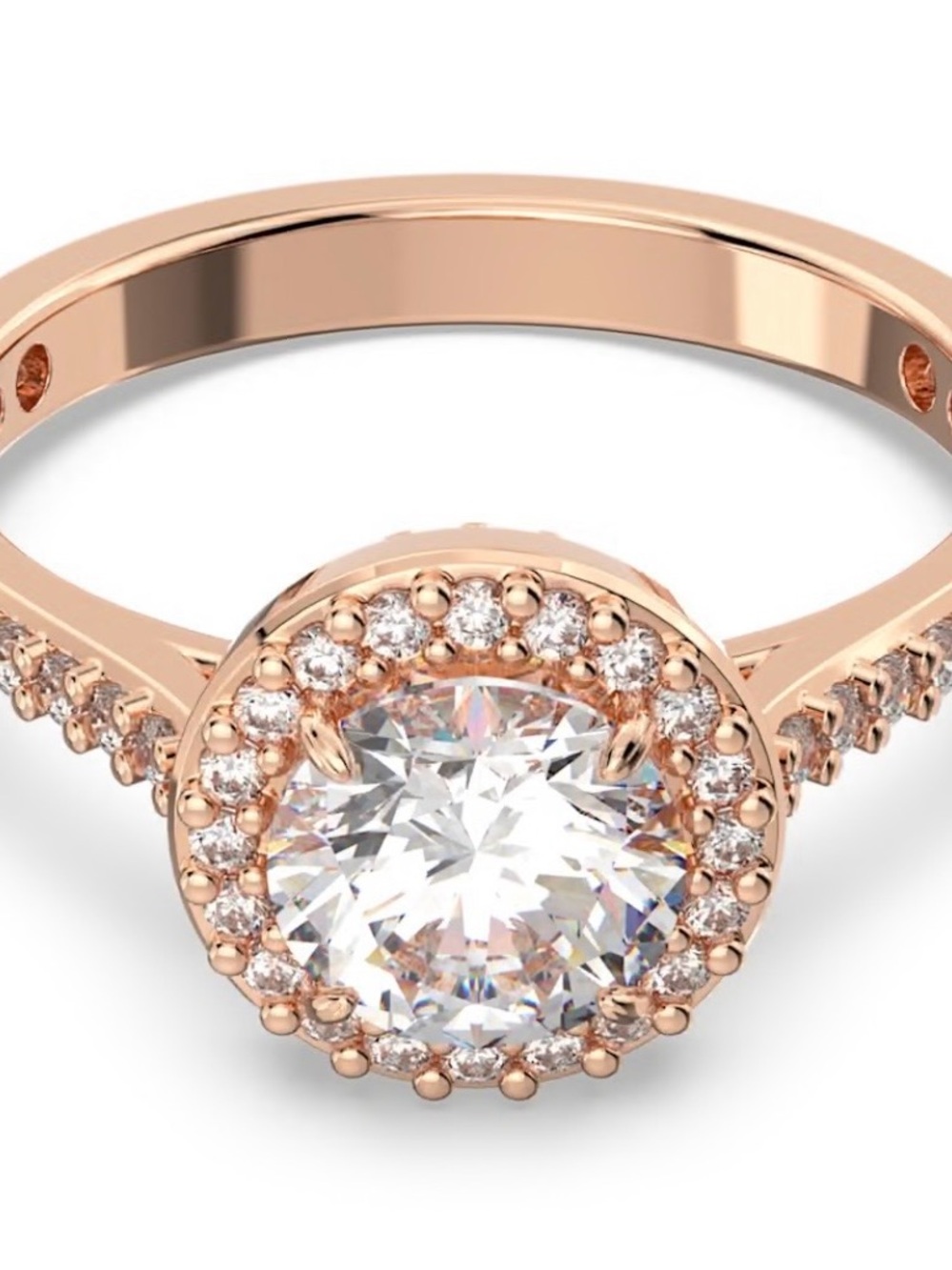Swarovski Rose Gold Halo Solitaire Ring with Pavé Band